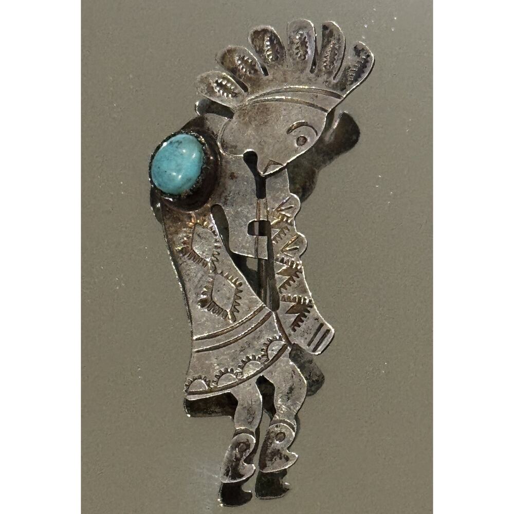Vintage Bernice Boony Zuni Sterling Silver Kokopelli Turquoise Pin Signed BB